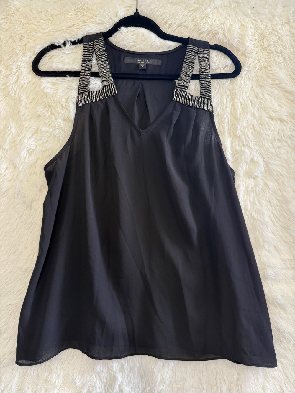 Guess Womens Beaded Strap Sleeveless V-Neck Tank Size M Black Going Out Top